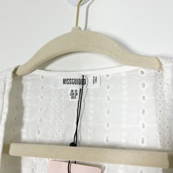 Missguided Women White Cord Broderie Tie Crop Top Eyelet Plunge V-Neck 6 NWT - Picture 4 of 12